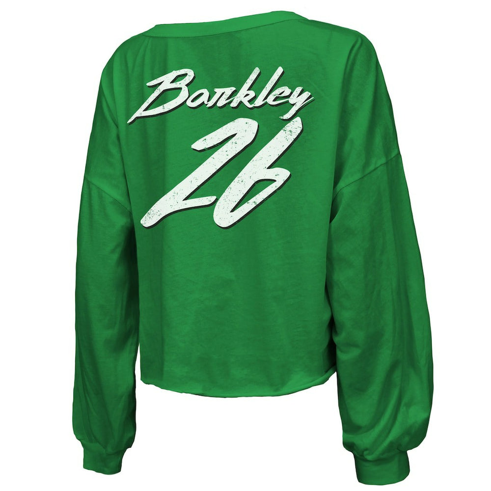 Saquon Barkley Philadelphia Eagles Majestic Threads Women's Name & Number Off-Shoulder Script Cropped Long Sleeve Relaxed V-Neck T-Shirt - Kelly Green outlet