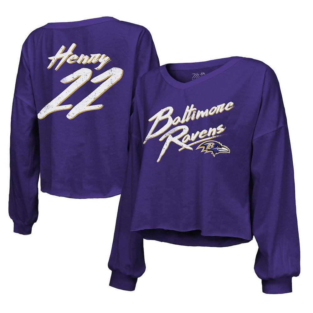 Derrick Henry Baltimore Ravens Majestic Threads Women's Name & Number Off-Shoulder Script Cropped Long Sleeve Relaxed V-Neck T-Shirt - Purple sale