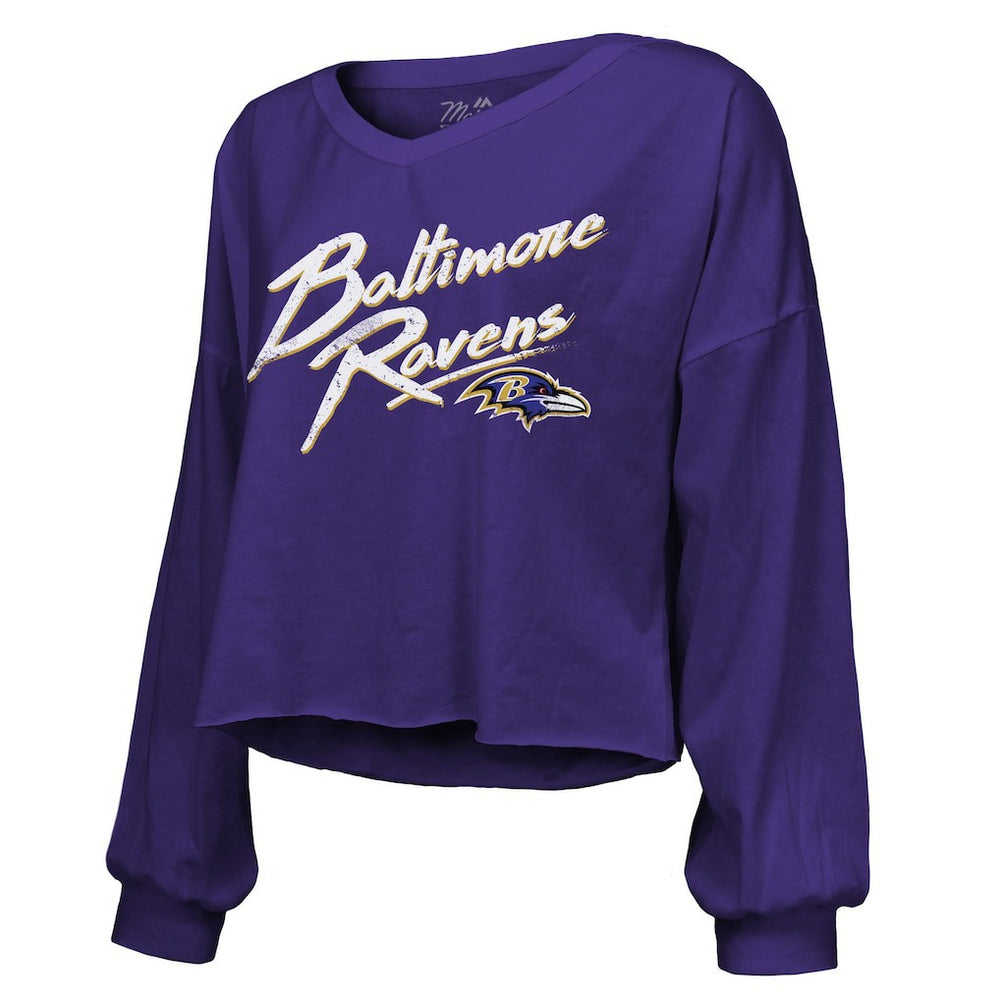 Derrick Henry Baltimore Ravens Majestic Threads Women's Name & Number Off-Shoulder Script Cropped Long Sleeve Relaxed V-Neck T-Shirt - Purple sale