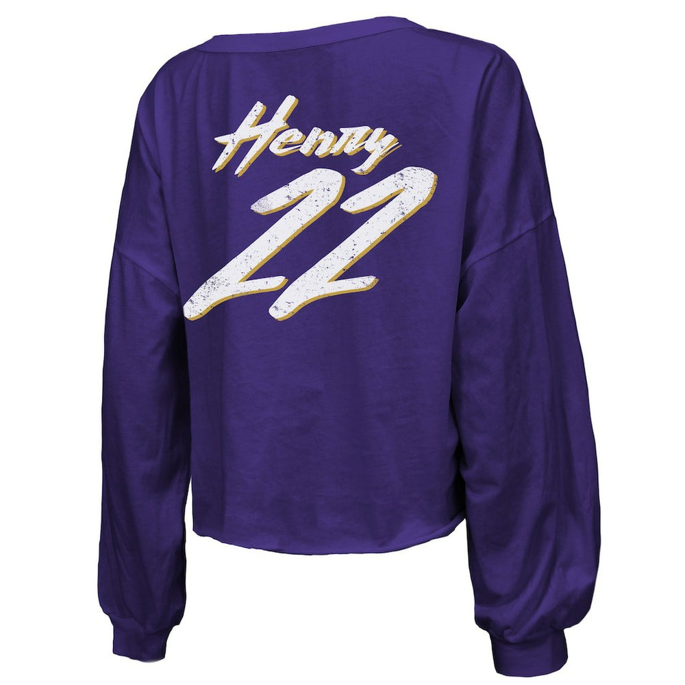 Derrick Henry Baltimore Ravens Majestic Threads Women's Name & Number Off-Shoulder Script Cropped Long Sleeve Relaxed V-Neck T-Shirt - Purple sale