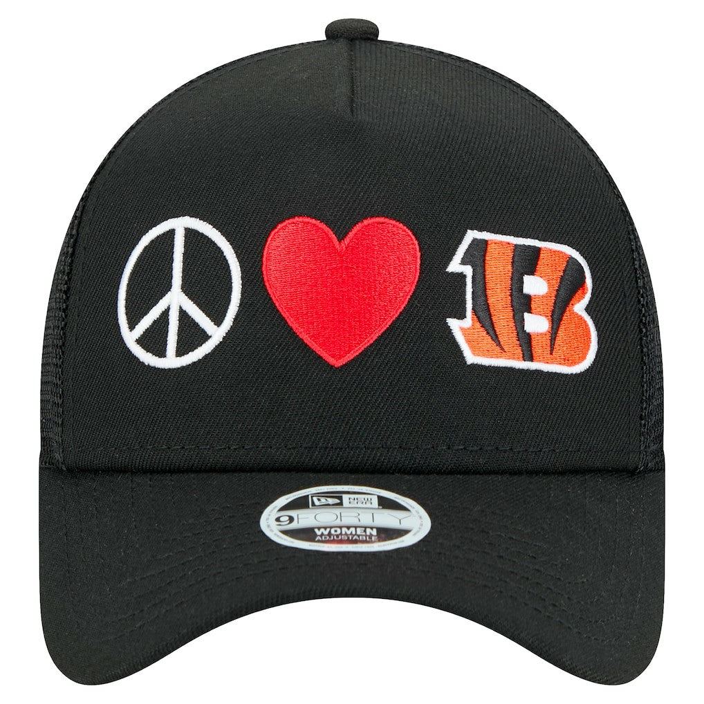 Cincinnati Bengals New Era Women's Peace & Love Trucker 9FORTY Adjustable Hat - Black for sale
