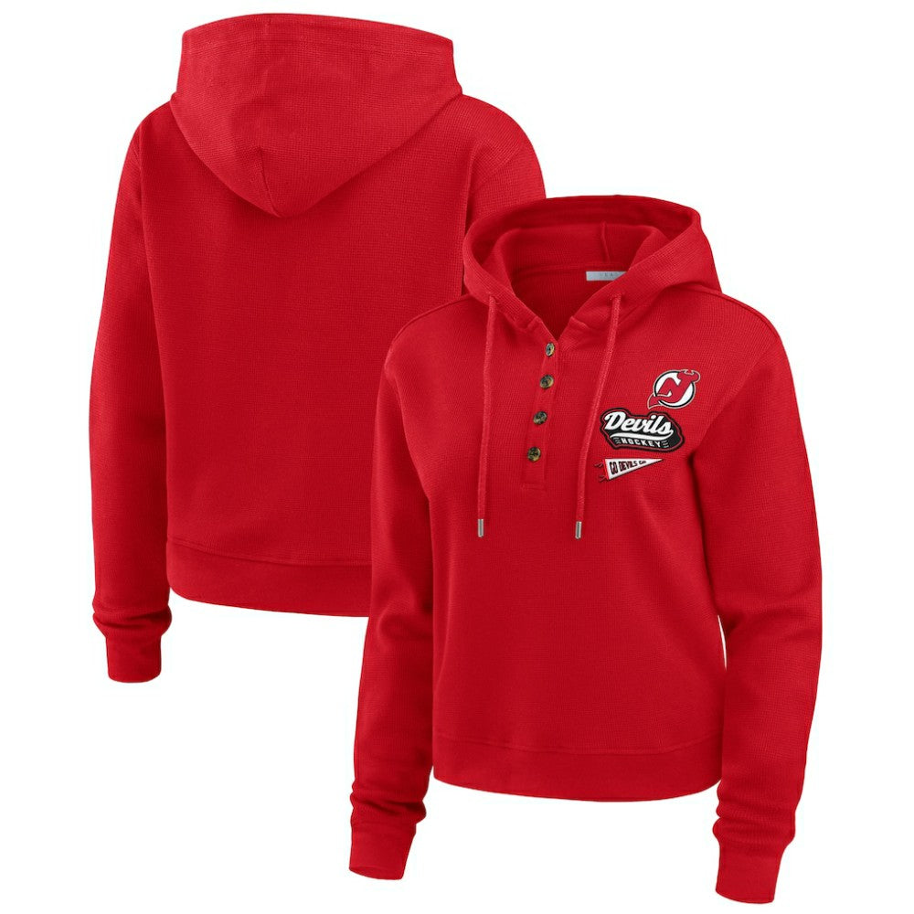 New Jersey Devils WEAR by Erin Andrews Women's Waffle-Knit Pullover Hoodie - Red Jerseys