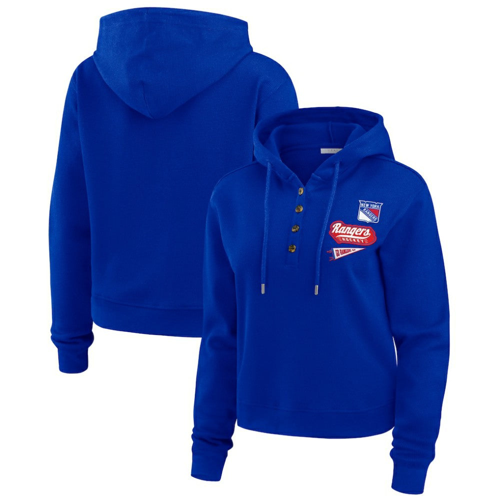 New York Rangers WEAR by Erin Andrews Women's Waffle-Knit Pullover Hoodie - Blue Hoodies
