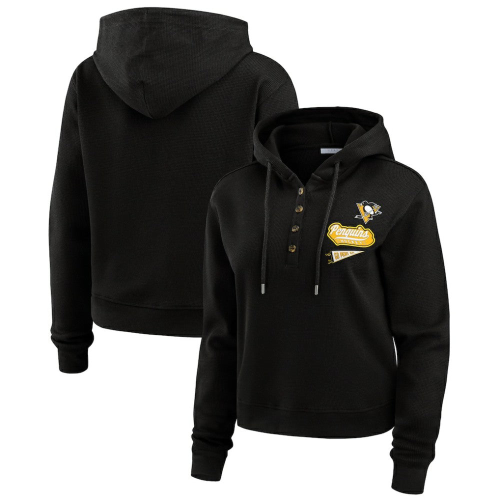 Pittsburgh Penguins WEAR by Erin Andrews Women's Waffle-Knit Pullover Hoodie - Black Hoodies