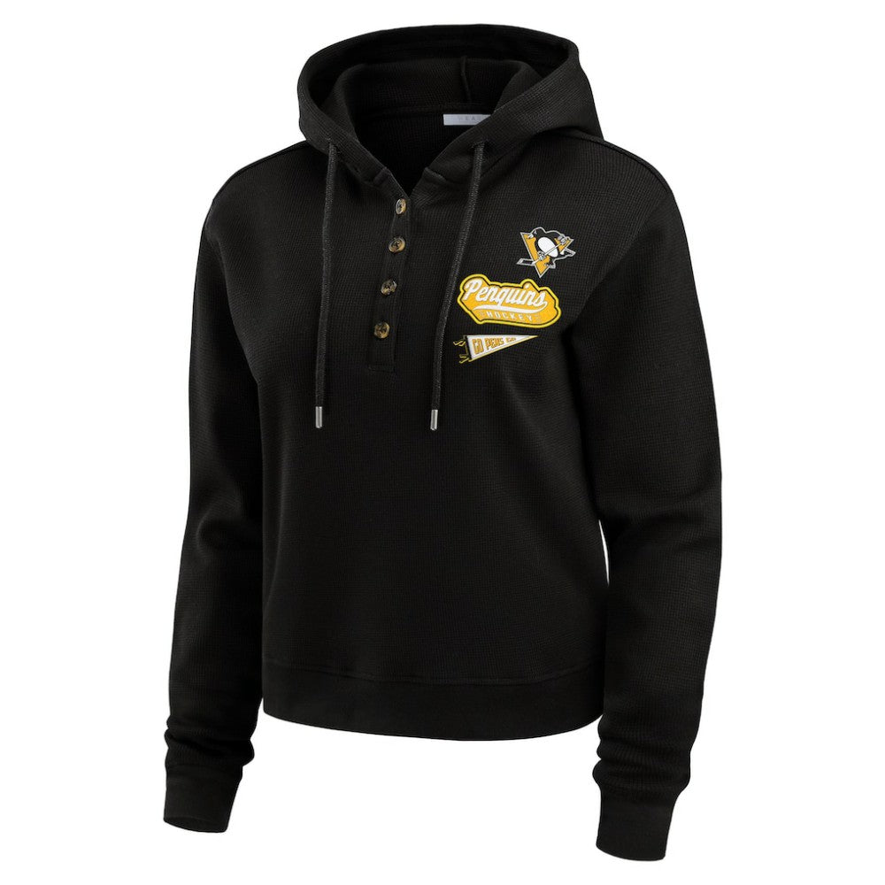 Pittsburgh Penguins WEAR by Erin Andrews Women's Waffle-Knit Pullover Hoodie - Black Hoodies