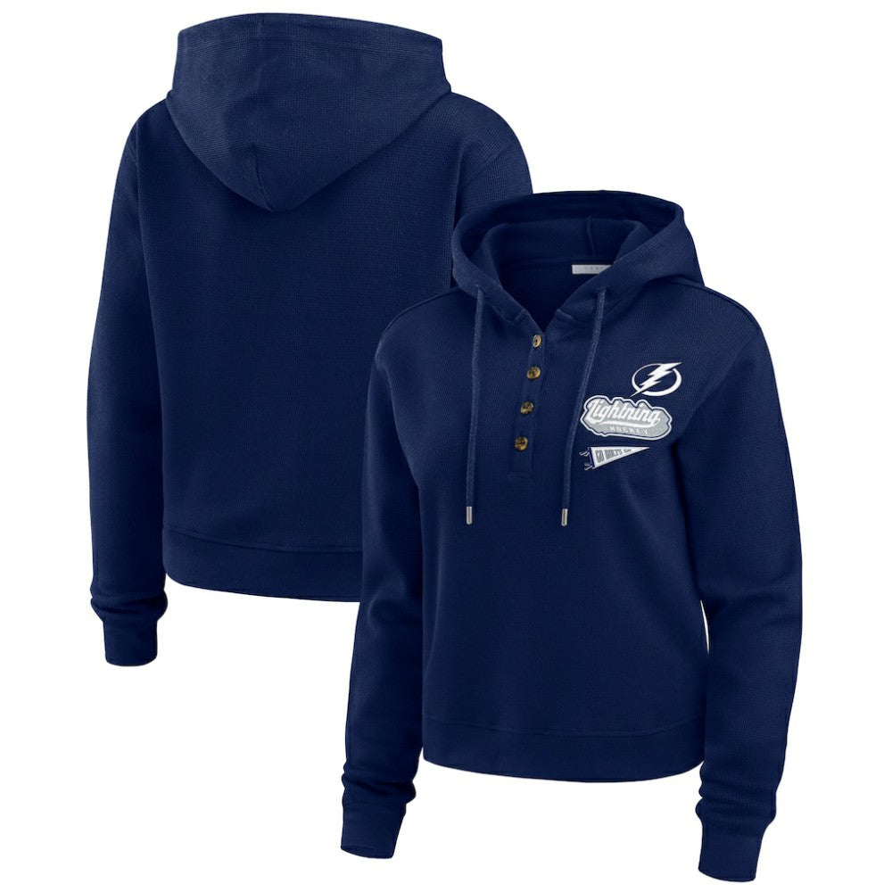 Tampa Bay Lightning WEAR by Erin Andrews Women's Waffle-Knit Pullover Hoodie - Blue Hoodies