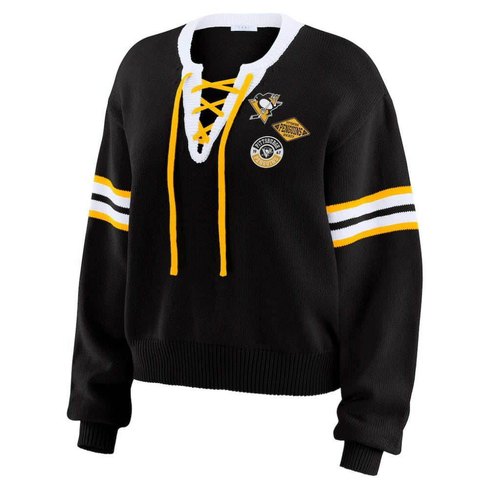 Pittsburgh Penguins WEAR by Erin Andrews Women's Cropped Lace-Up Sweater - Black