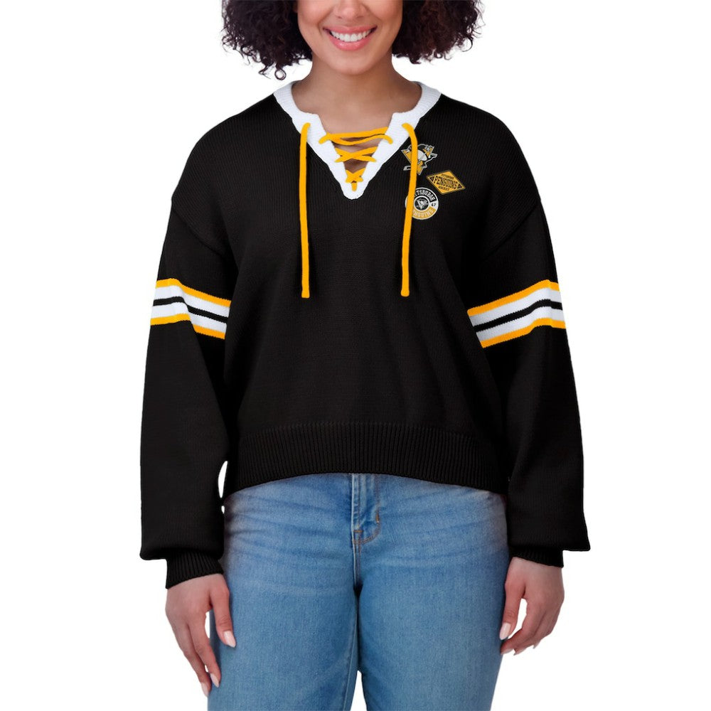 Pittsburgh Penguins WEAR by Erin Andrews Women's Cropped Lace-Up Sweater - Black