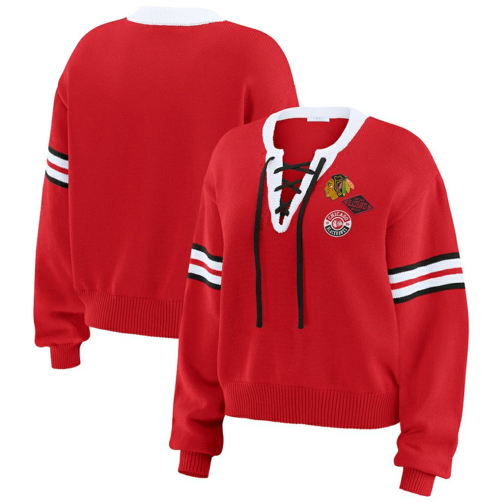 Chicago Blackhawks WEAR by Erin Andrews Women's Cropped Lace-Up Sweater - Red