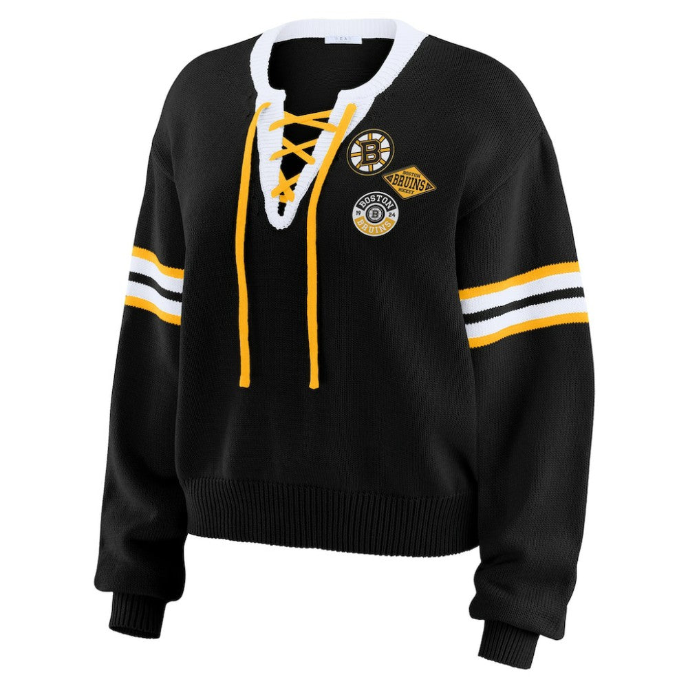 Boston Bruins WEAR by Erin Andrews Women's Cropped Lace-Up Sweater - Black
