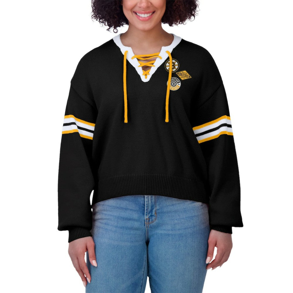 Boston Bruins WEAR by Erin Andrews Women's Cropped Lace-Up Sweater - Black