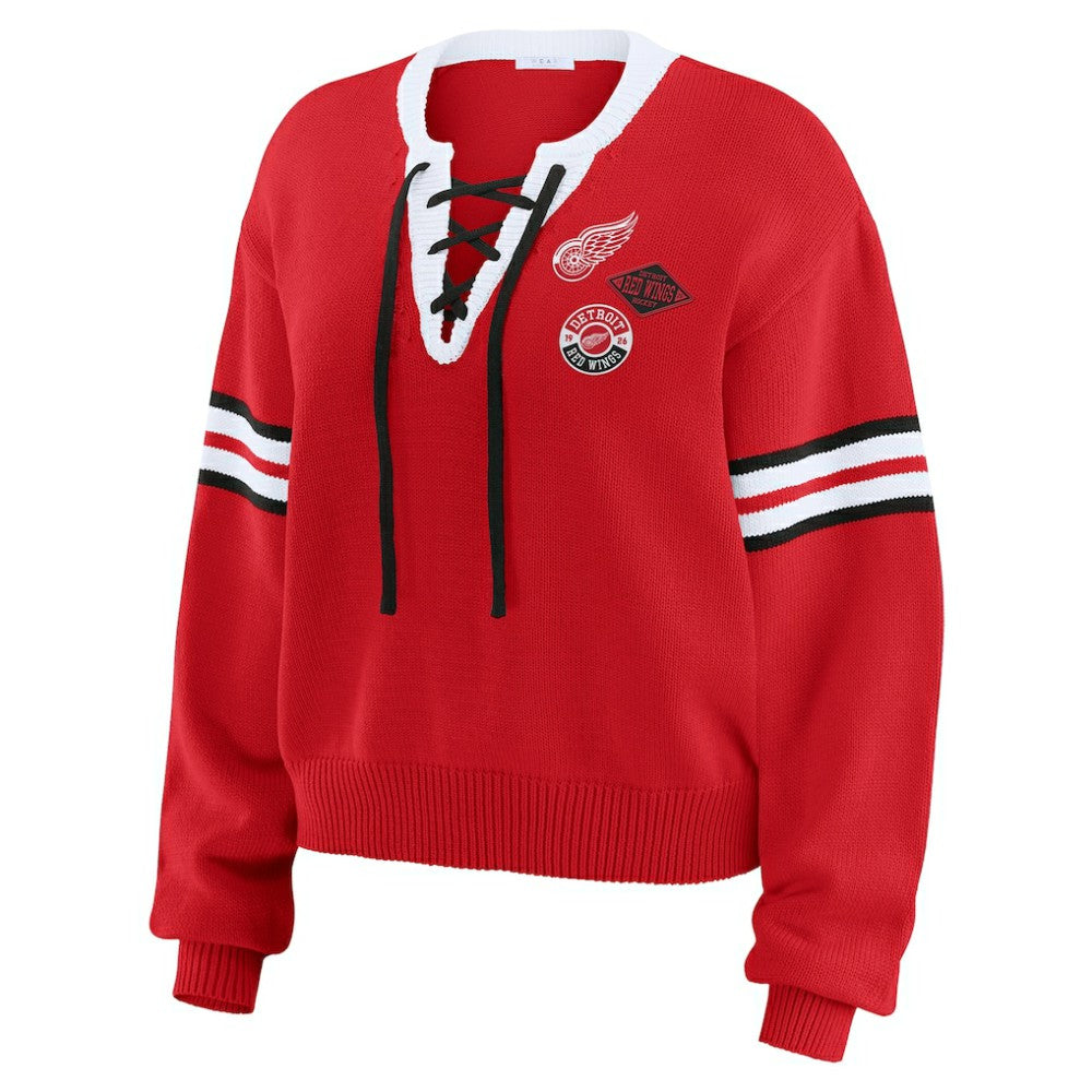 Detroit Red Wings WEAR by Erin Andrews Women's Cropped Lace-Up Sweater - Red