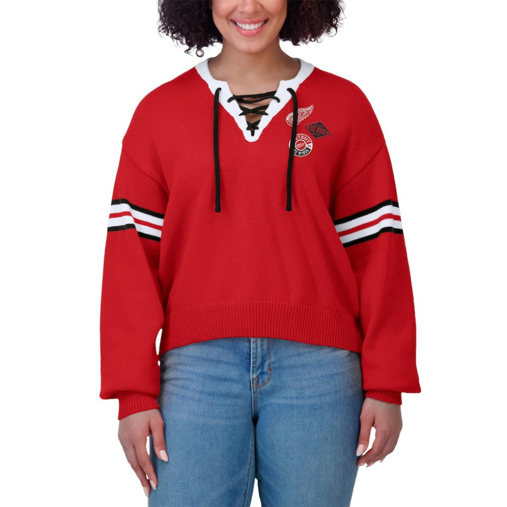 Detroit Red Wings WEAR by Erin Andrews Women's Cropped Lace-Up Sweater - Red