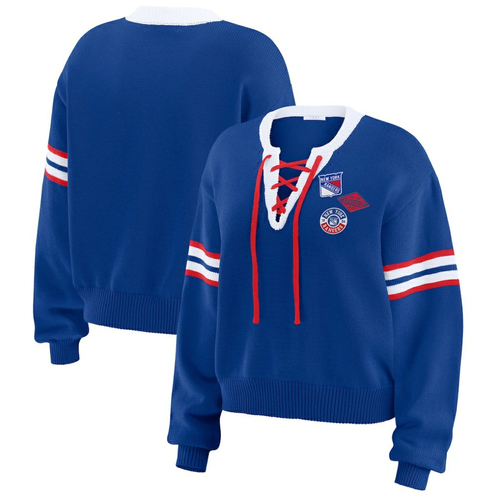 New York Rangers WEAR by Erin Andrews Women's Cropped Lace-Up Sweater - Blue