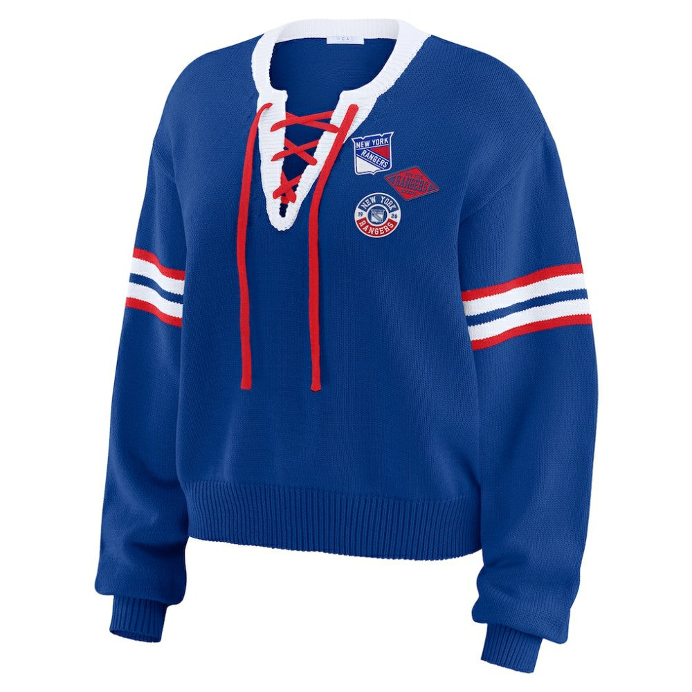 New York Rangers WEAR by Erin Andrews Women's Cropped Lace-Up Sweater - Blue