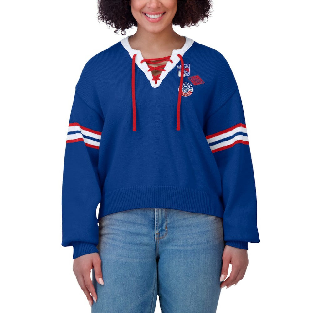 New York Rangers WEAR by Erin Andrews Women's Cropped Lace-Up Sweater - Blue