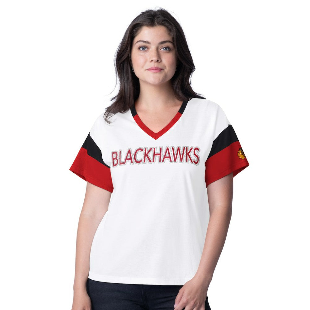 Chicago Blackhawks G-III 4Her by Carl Banks Women's Rink Oversized Rhinestone V-Neck T-Shirt - White T-shirts