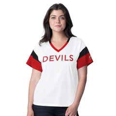 New Jersey Devils G-III 4Her by Carl Banks Women's Rink Oversized Rhinestone V-Neck T-Shirt - White T-shirts
