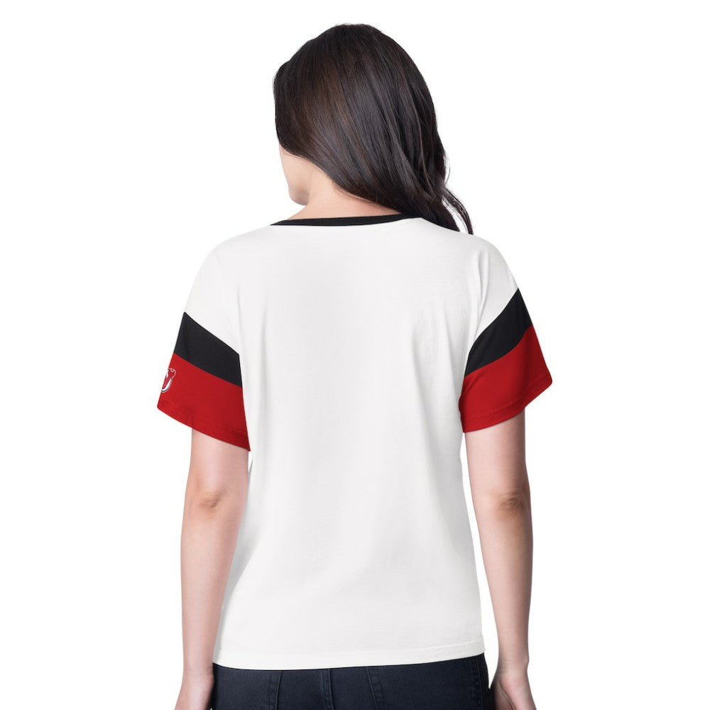 New Jersey Devils G-III 4Her by Carl Banks Women's Rink Oversized Rhinestone V-Neck T-Shirt - White T-shirts