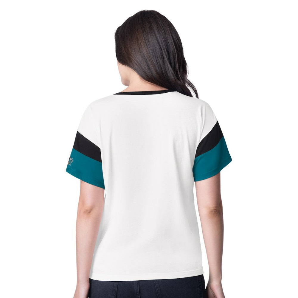 San Jose Sharks G-III 4Her by Carl Banks Women's Rink Oversized Rhinestone V-Neck T-Shirt - White T-shirts