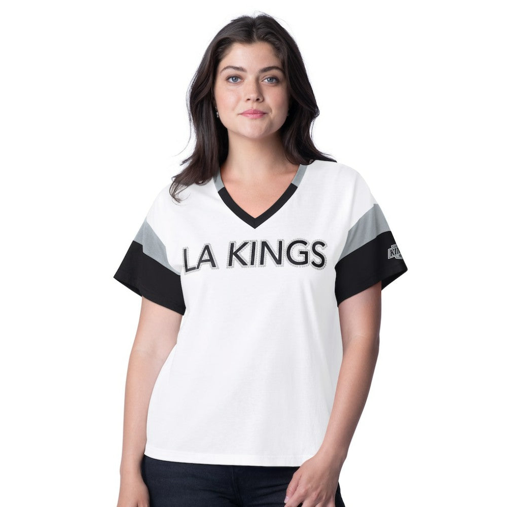 Los Angeles Kings G-III 4Her by Carl Banks Women's Rink Oversized Rhinestone V-Neck T-Shirt - White T-shirts