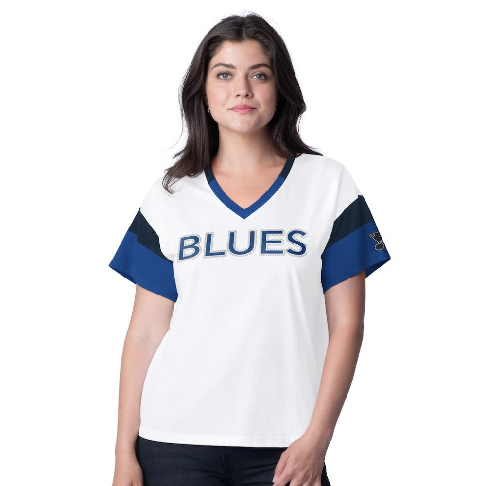 St. Louis Blues G-III 4Her by Carl Banks Women's Rink Oversized Rhinestone V-Neck T-Shirt - White T-shirts