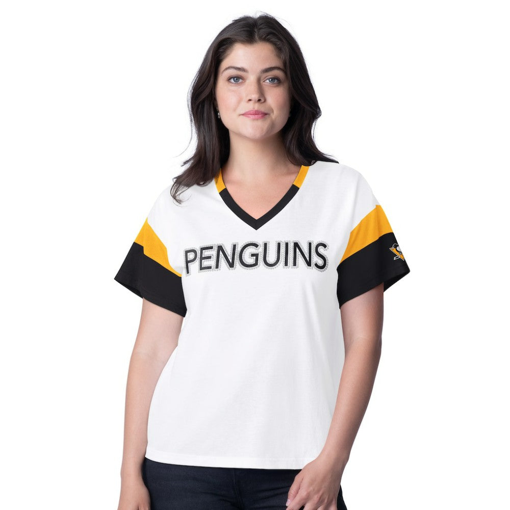 Pittsburgh Penguins G-III 4Her by Carl Banks Women's Rink Oversized Rhinestone V-Neck T-Shirt - White T-shirts