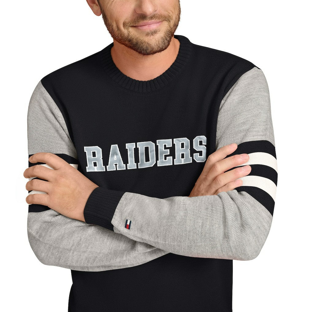 Las Vegas Raiders Tommy Hilfiger Acrylic Crewneck Pullover Sweater - Black/Heather Gray for sale