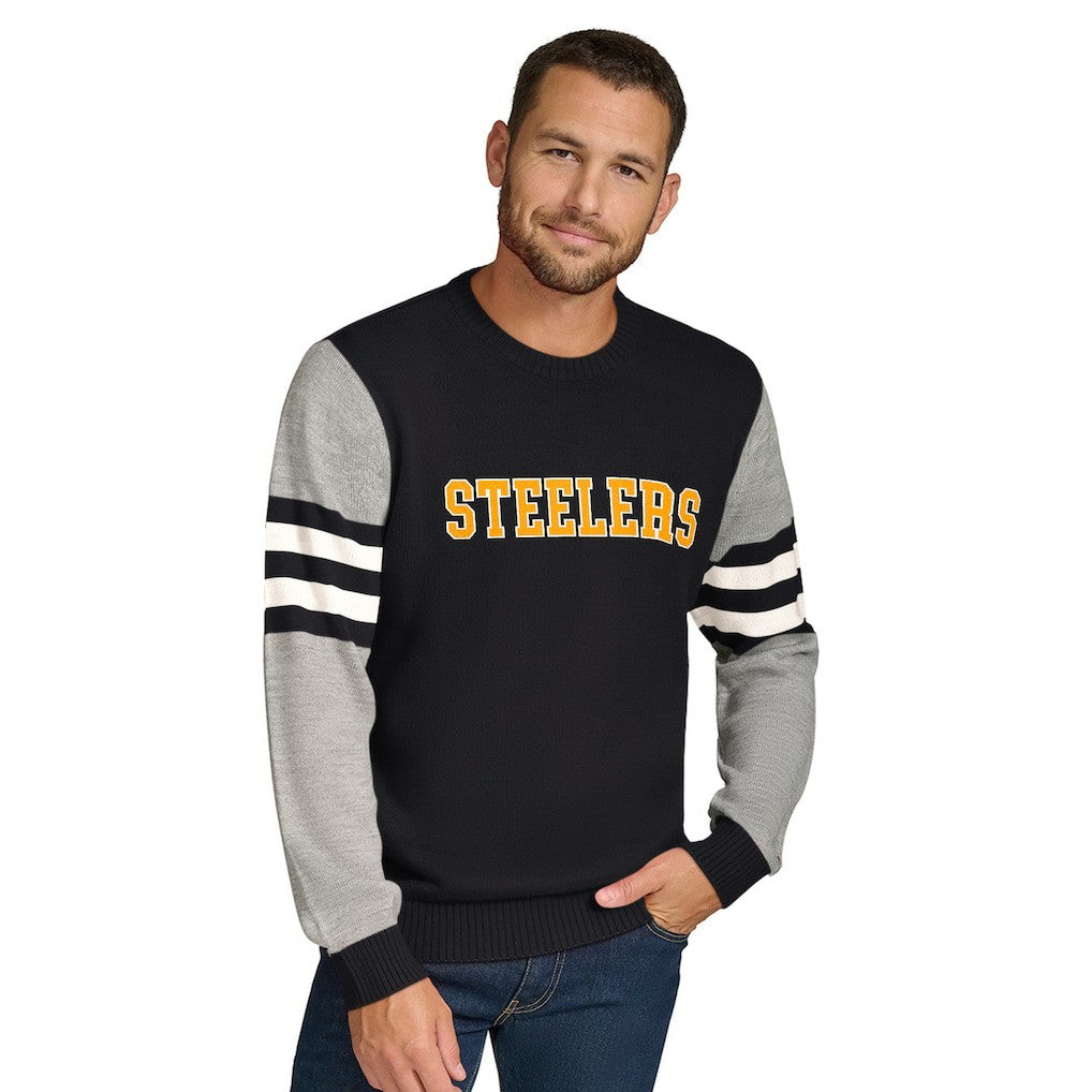 Pittsburgh Steelers Tommy Hilfiger Acrylic Crewneck Pullover Sweater - Black/Heather Gray sale