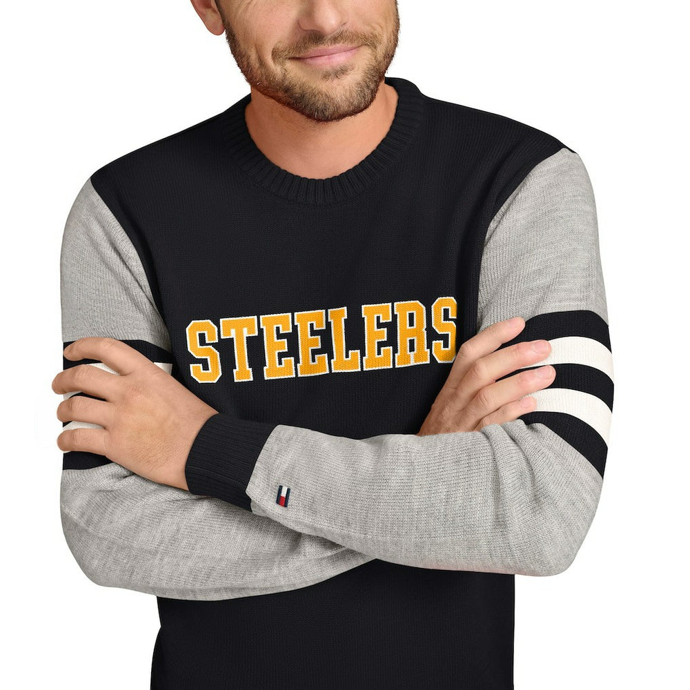 Pittsburgh Steelers Tommy Hilfiger Acrylic Crewneck Pullover Sweater - Black/Heather Gray sale