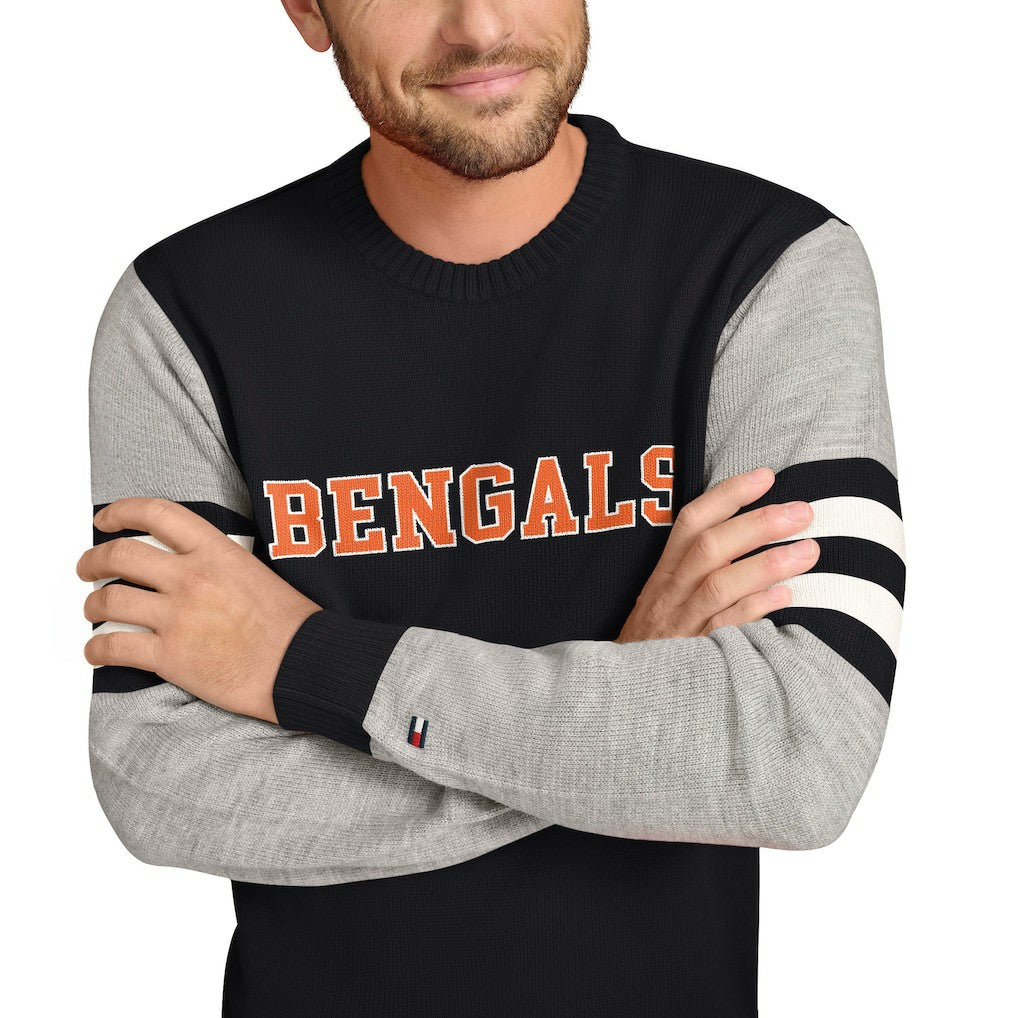 Cincinnati Bengals Tommy Hilfiger Acrylic Crewneck Pullover Sweater - Black/Heather Gray discount