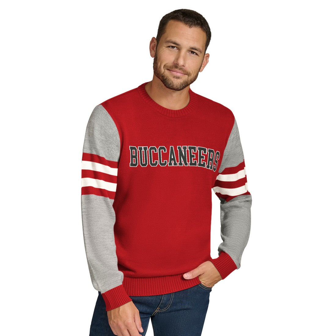 Tampa Bay Buccaneers Tommy Hilfiger Acrylic Crewneck Pullover Sweater - Red/Heather Gray on sale