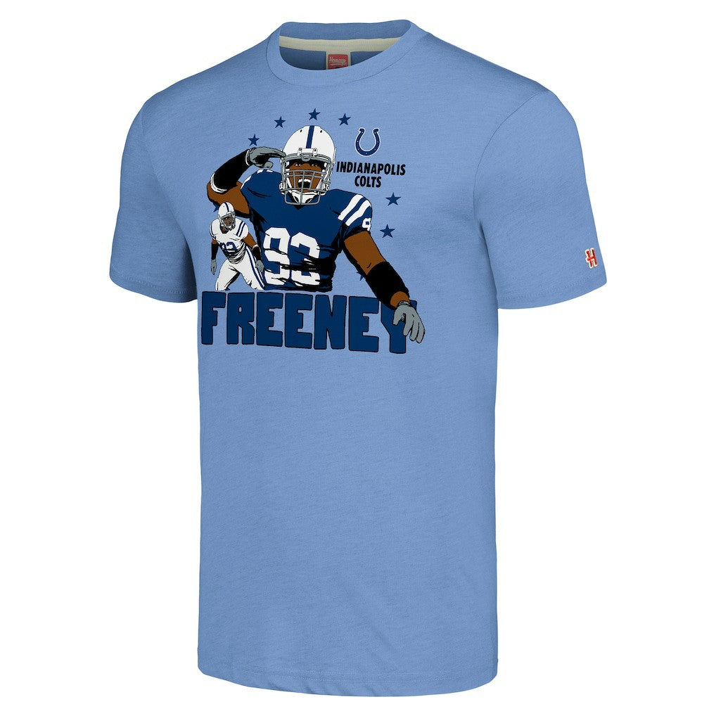 Dwight Freeney Indianapolis Colts Homage Unisex Caricature Retired Player Tri-Blend T-Shirt - Light Blue discount