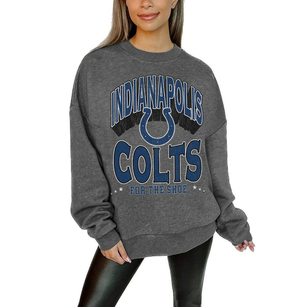 Indianapolis Colts Gameday Couture Women's Oversized Long Weekend Premium Fleece Drop Shoulder Pullover Sweatshirt - Charcoal discount