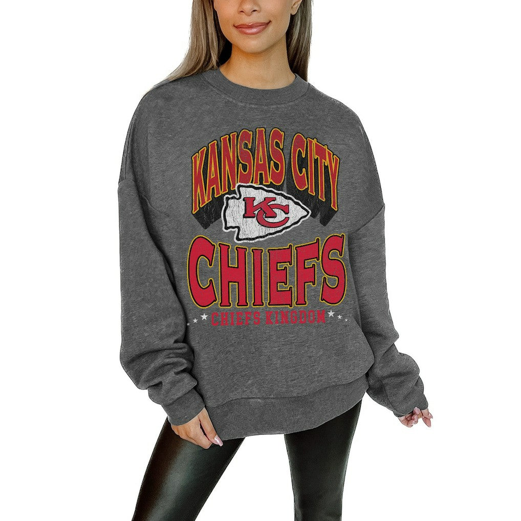 Kansas City Chiefs Gameday Couture Women's Oversized Long Weekend Premium Fleece Drop Shoulder Pullover Sweatshirt - Charcoal cheap