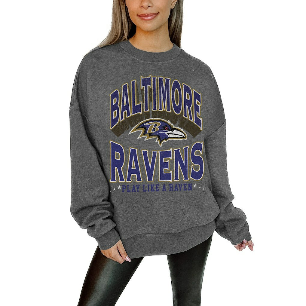 Baltimore Ravens Gameday Couture Women's Oversized Long Weekend Premium Fleece Drop Shoulder Pullover Sweatshirt - Charcoal outlet