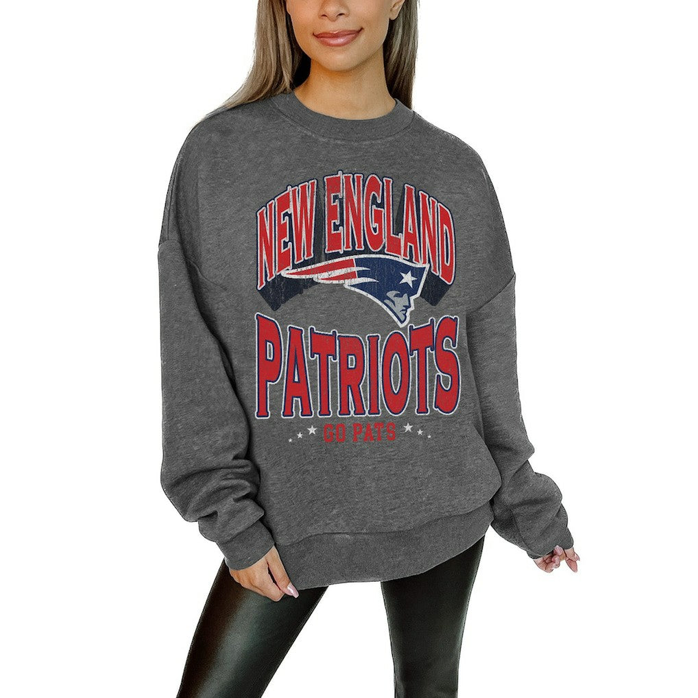 New England Patriots Gameday Couture Women's Oversized Long Weekend Premium Fleece Drop Shoulder Pullover Sweatshirt - Charcoal for sale
