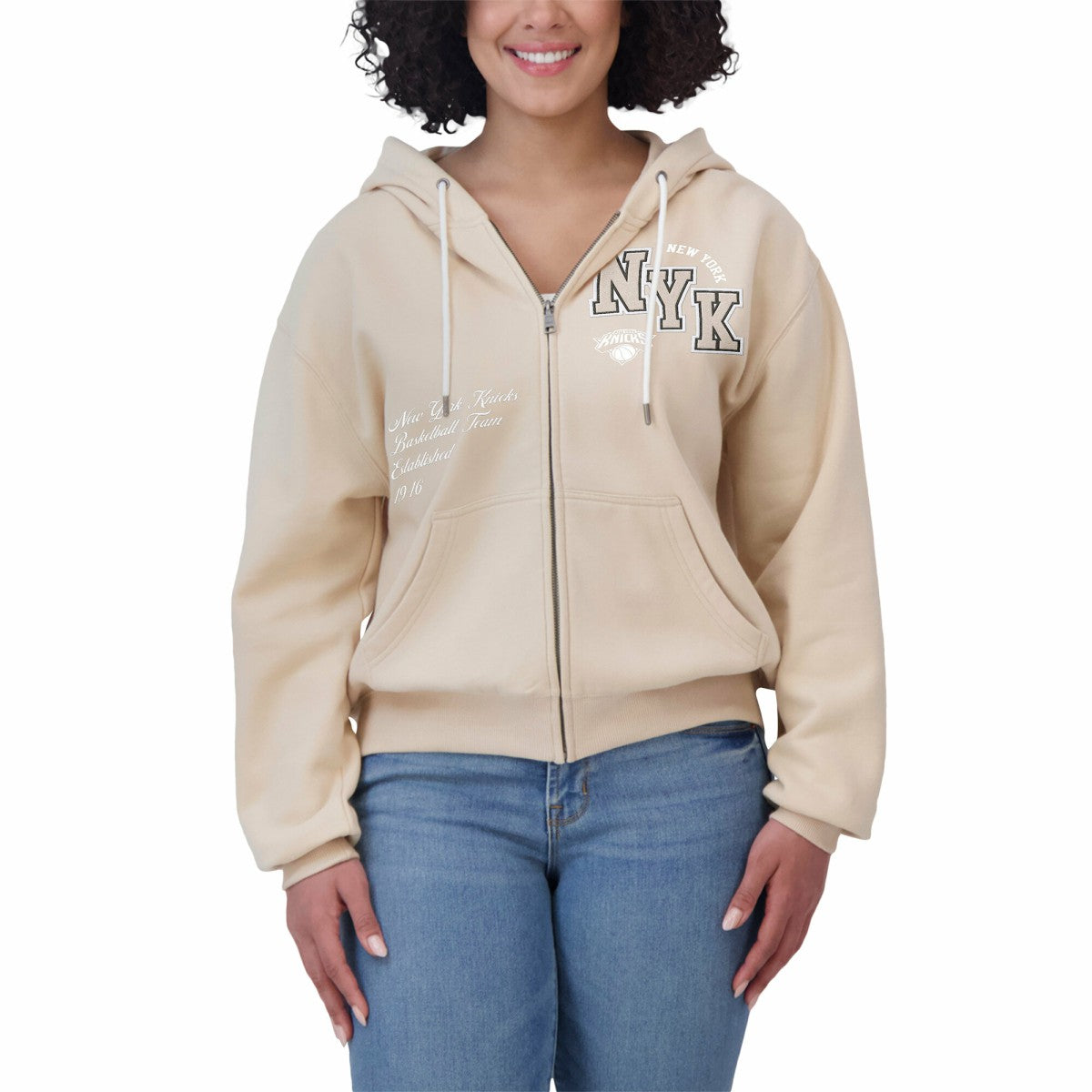 New York Knicks WEAR by Erin Andrews Women's Plus Size Tonal Felt Patch Full-Zip Hoodie - Cream online