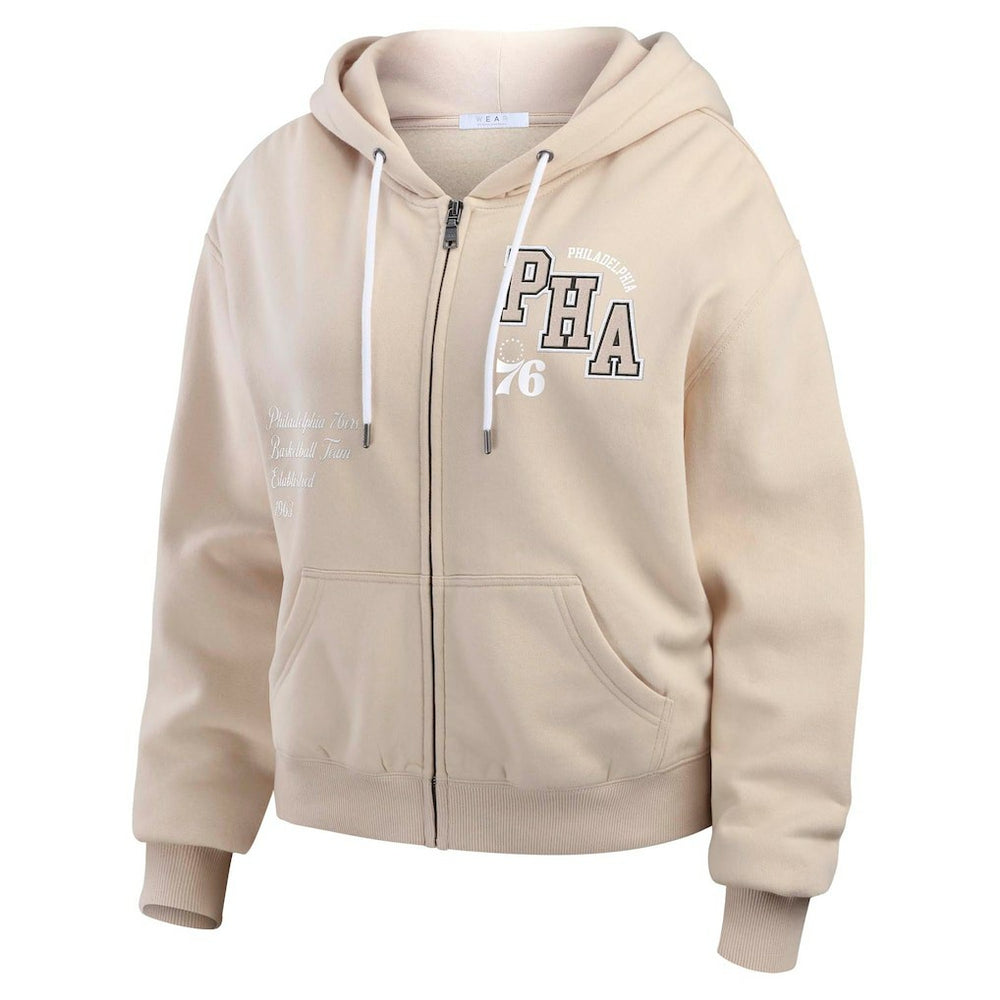 Philadelphia 76ers WEAR by Erin Andrews Women's Plus Size Tonal Felt Patch Full-Zip Hoodie - Cream online
