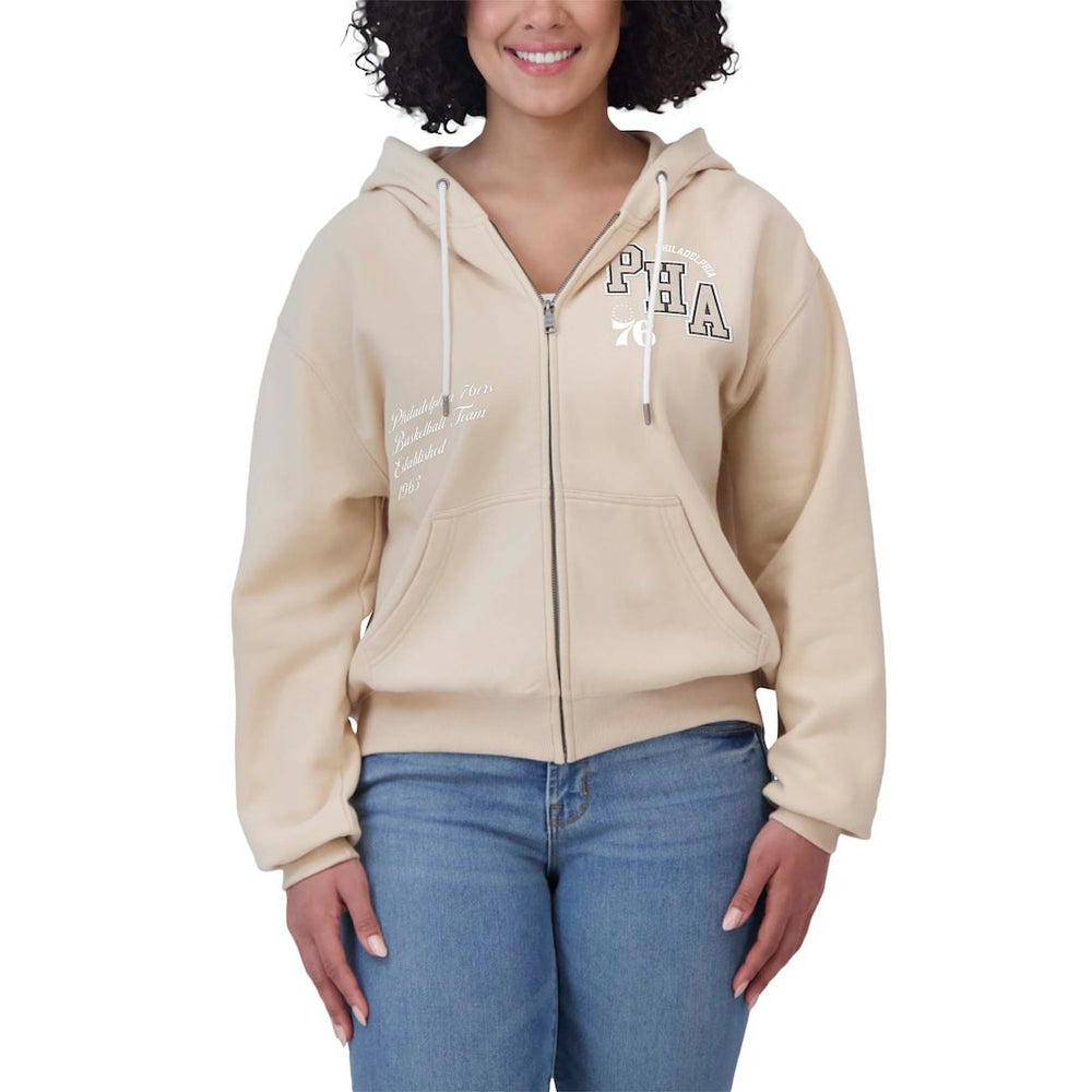 Philadelphia 76ers WEAR by Erin Andrews Women's Plus Size Tonal Felt Patch Full-Zip Hoodie - Cream online