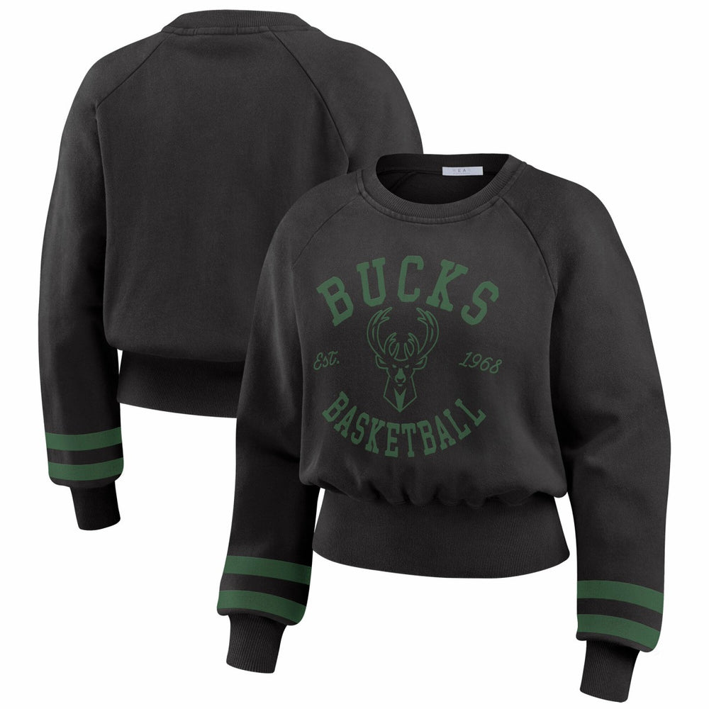 Milwaukee Bucks WEAR by Erin Andrews Women's Vintage Raglan Cropped Pullover Sweatshirt - Black cheap