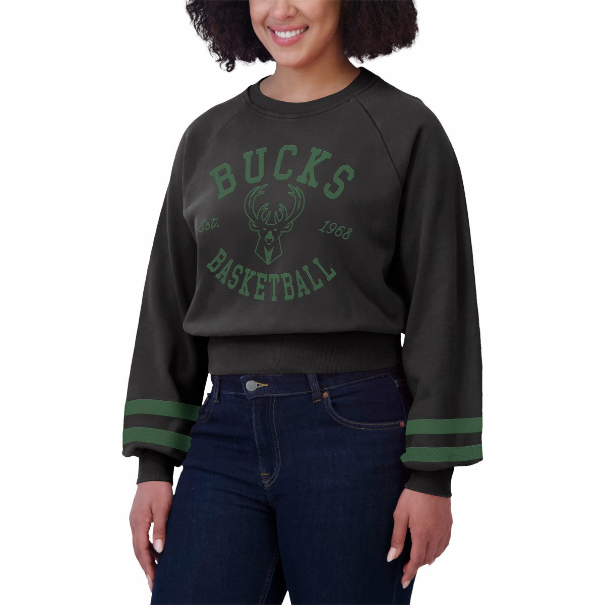 Milwaukee Bucks WEAR by Erin Andrews Women's Vintage Raglan Cropped Pullover Sweatshirt - Black cheap