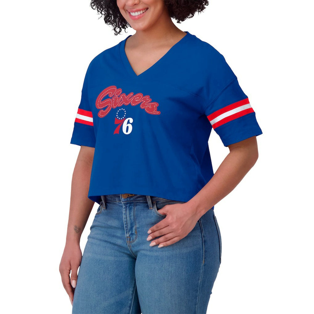 Philadelphia 76ers WEAR by Erin Andrews Women's Color Block Boxy V-Neck T-Shirt - Royal cheap