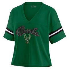 Milwaukee Bucks WEAR by Erin Andrews Women's Color Block Boxy V-Neck T-Shirt - Hunter Green discount