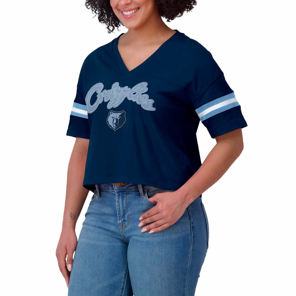 Memphis Grizzlies WEAR by Erin Andrews Women's Color Block Boxy V-Neck T-Shirt - Navy online