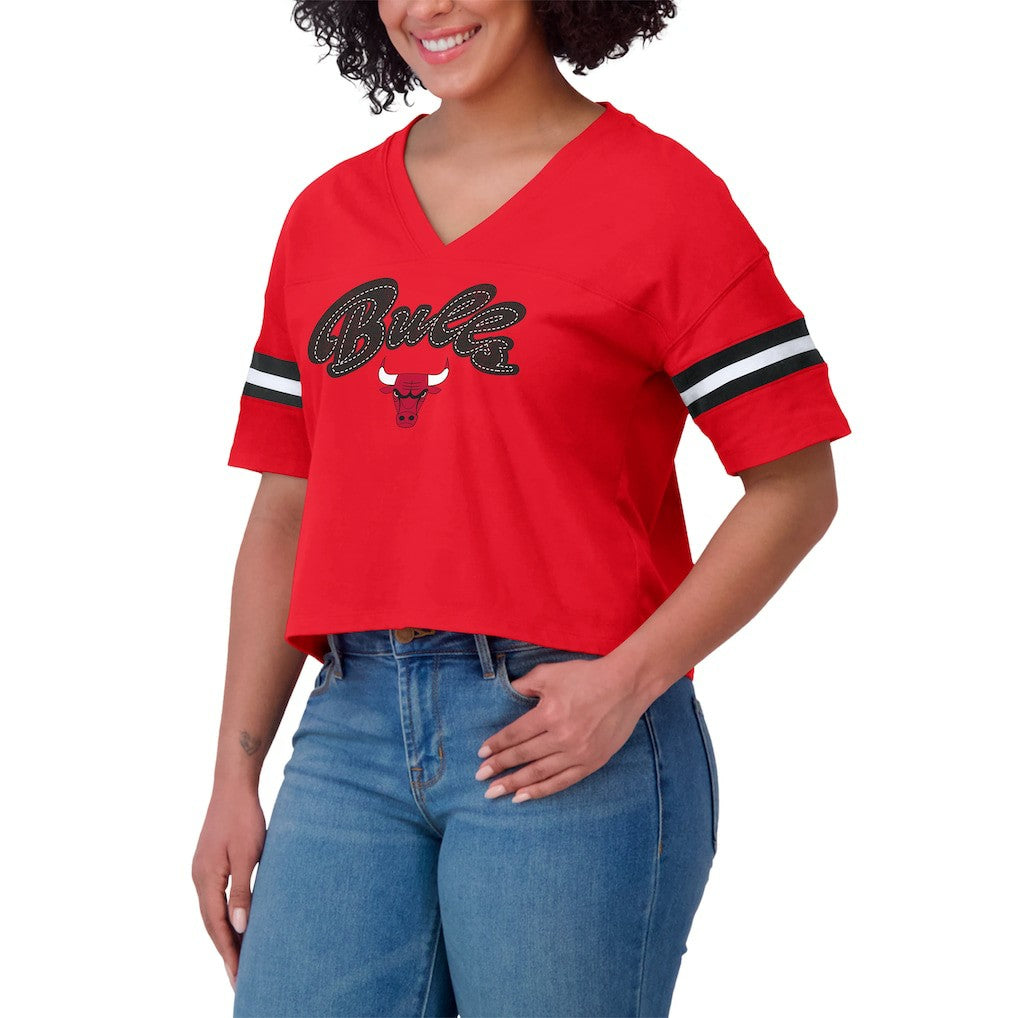 Chicago Bulls WEAR by Erin Andrews Women's Color Block Boxy V-Neck T-Shirt sale - Red online