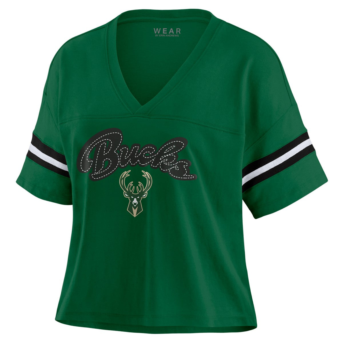 Milwaukee Bucks WEAR by Erin Andrews Women's Plus Size Color Block Boxy V-Neck T-Shirt - Hunter Green discount