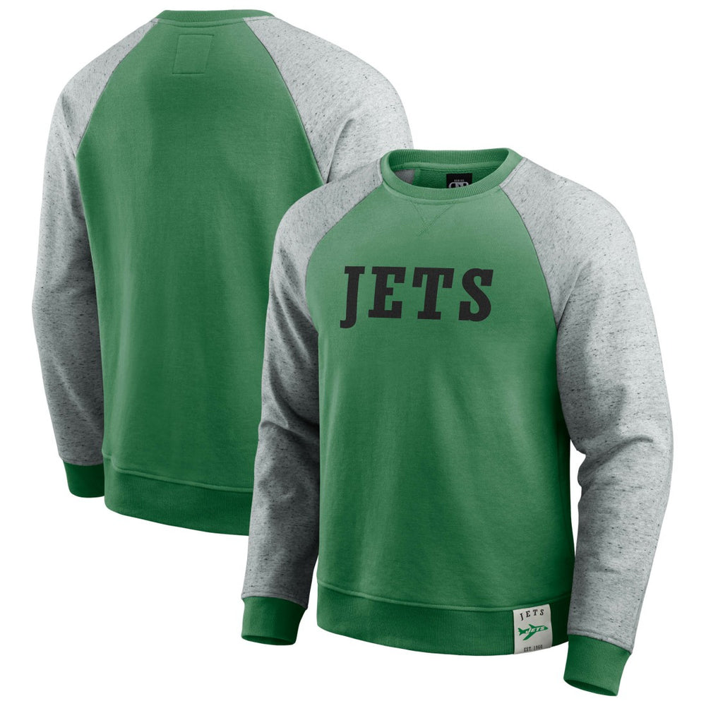 New York Jets Darius Rucker Collection Throwback Color Block Raglan Pullover Sweatshirt - Kelly Green/Heather Gray for sale