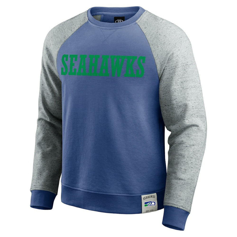 Seattle Seahawks Darius Rucker Collection Throwback Color Block Raglan Pullover Sweatshirt - Royal/Heather Gray for sale