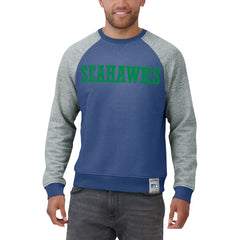 Seattle Seahawks Darius Rucker Collection Throwback Color Block Raglan Pullover Sweatshirt - Royal/Heather Gray for sale